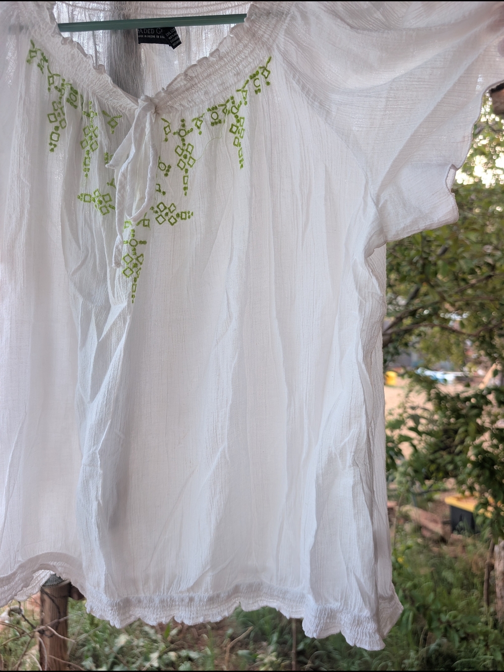 White Peasant Blouse with Green Embroidery - Women Tops - Picture 2 of 6